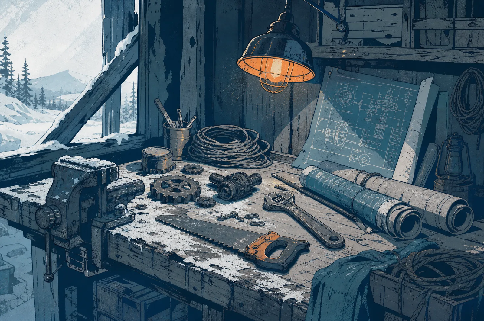 A workshop bench with salvaged gears, wire, a saw and rolled blueprints