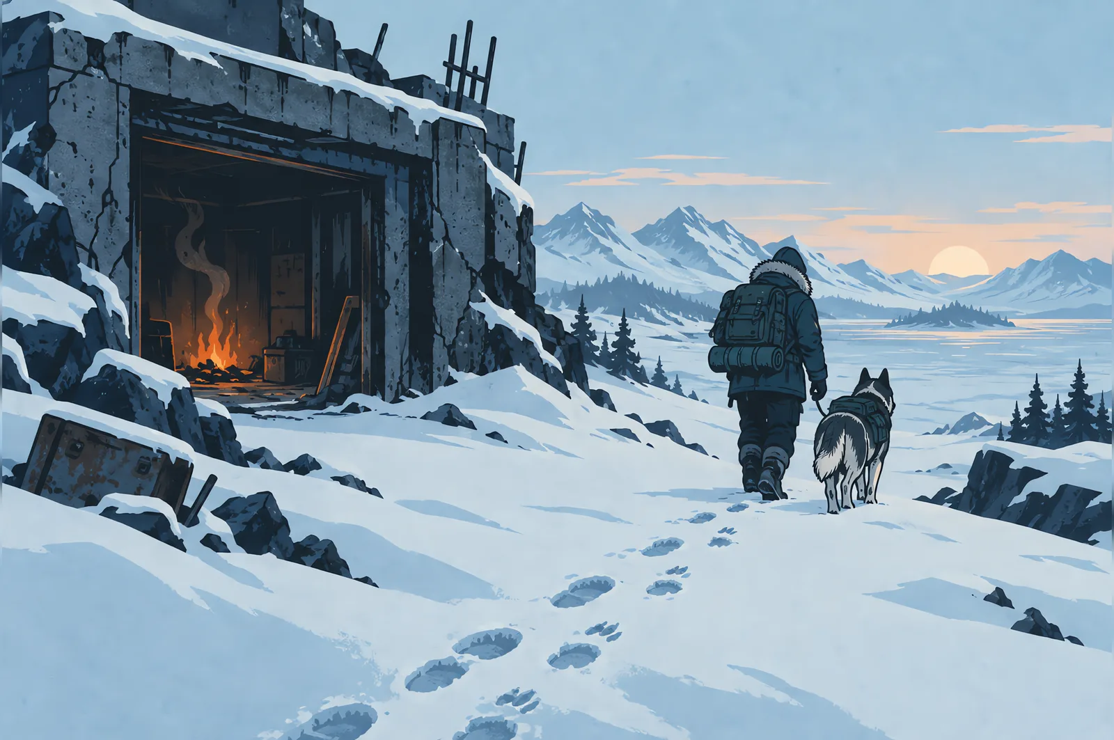 A survivor and a sled dog leaving a ruined shelter at first light