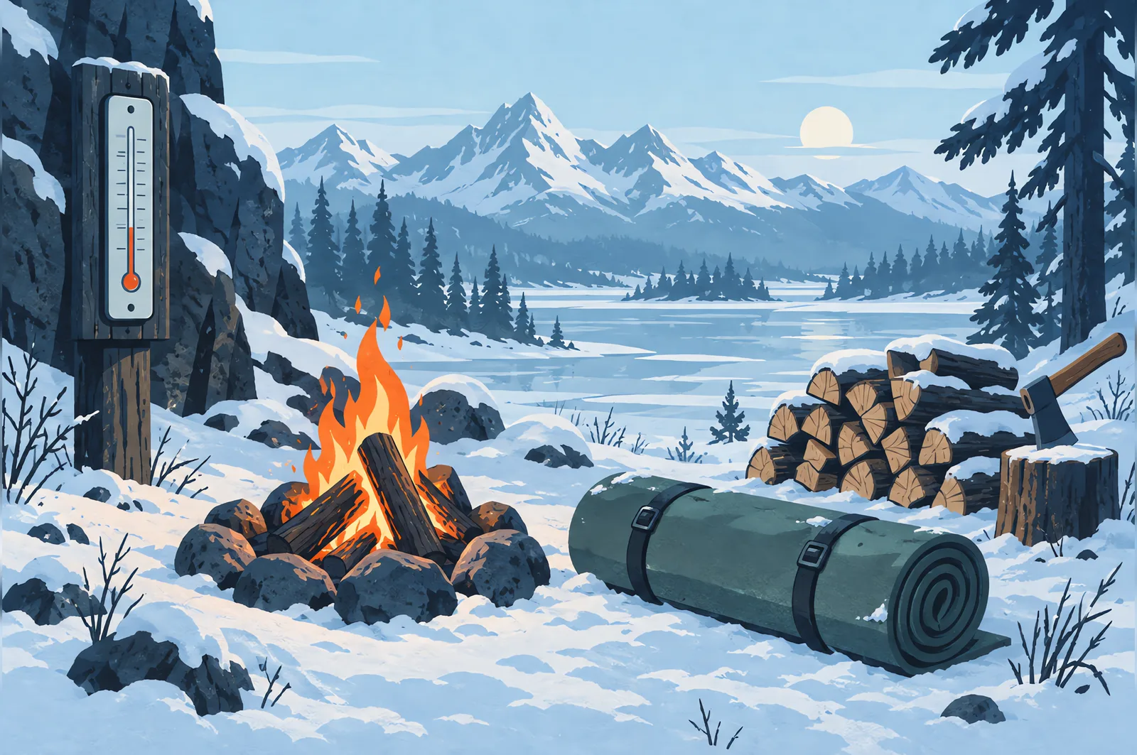 A campfire, a thermometer, a sleeping mat and stacked firewood in the snow