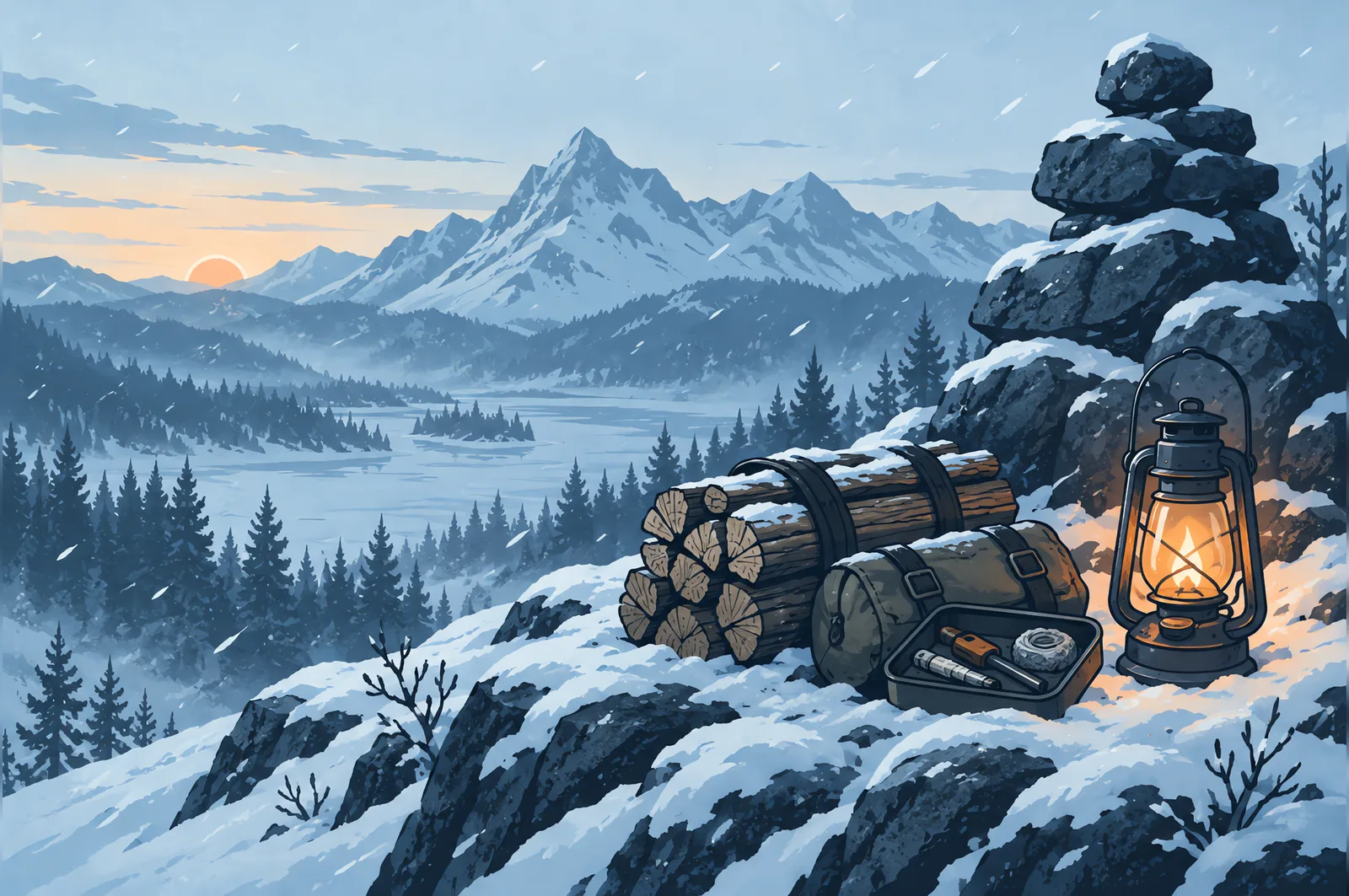 A trail cache of stacked firewood, an open tool tin and a lit lantern on a snowy rock ledge