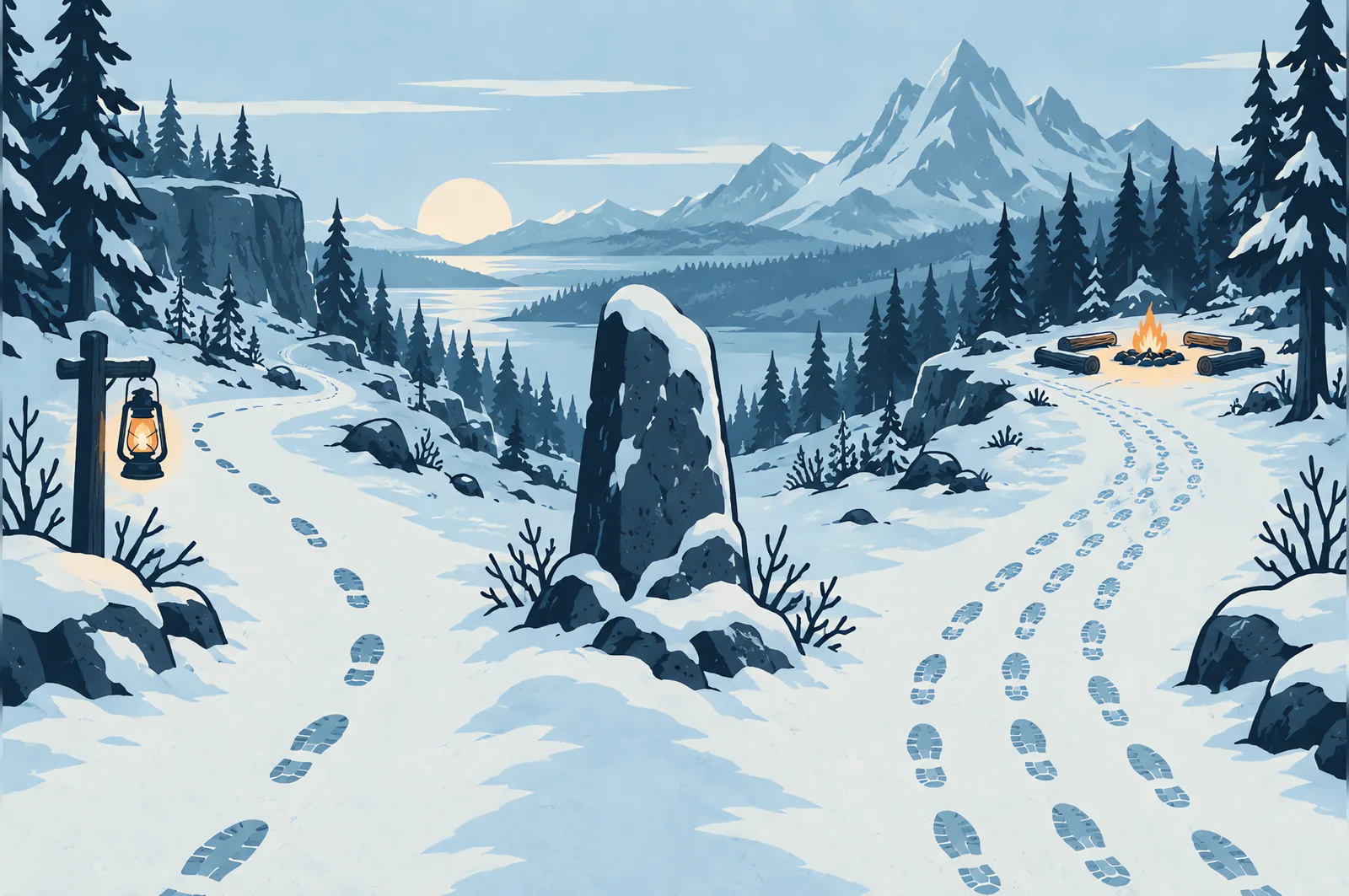 A snowy trail winding past a lit lantern and a campfire toward frozen mountain peaks